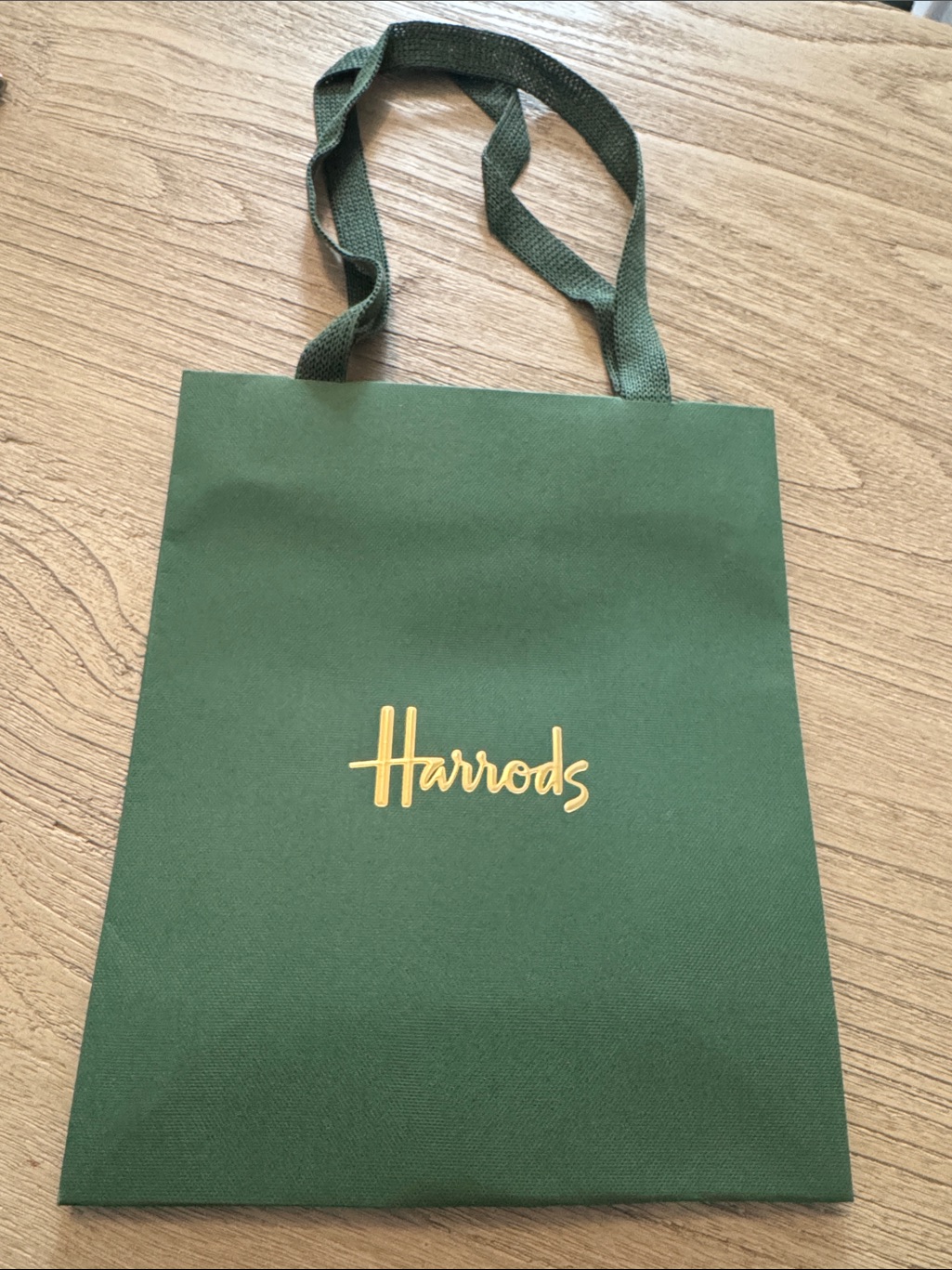 Harrods Dark Green Paper Shopping Bag With Gold Script Logo